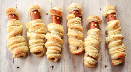 Six Weiners Wrapped in Pastry to Look Like Mummies